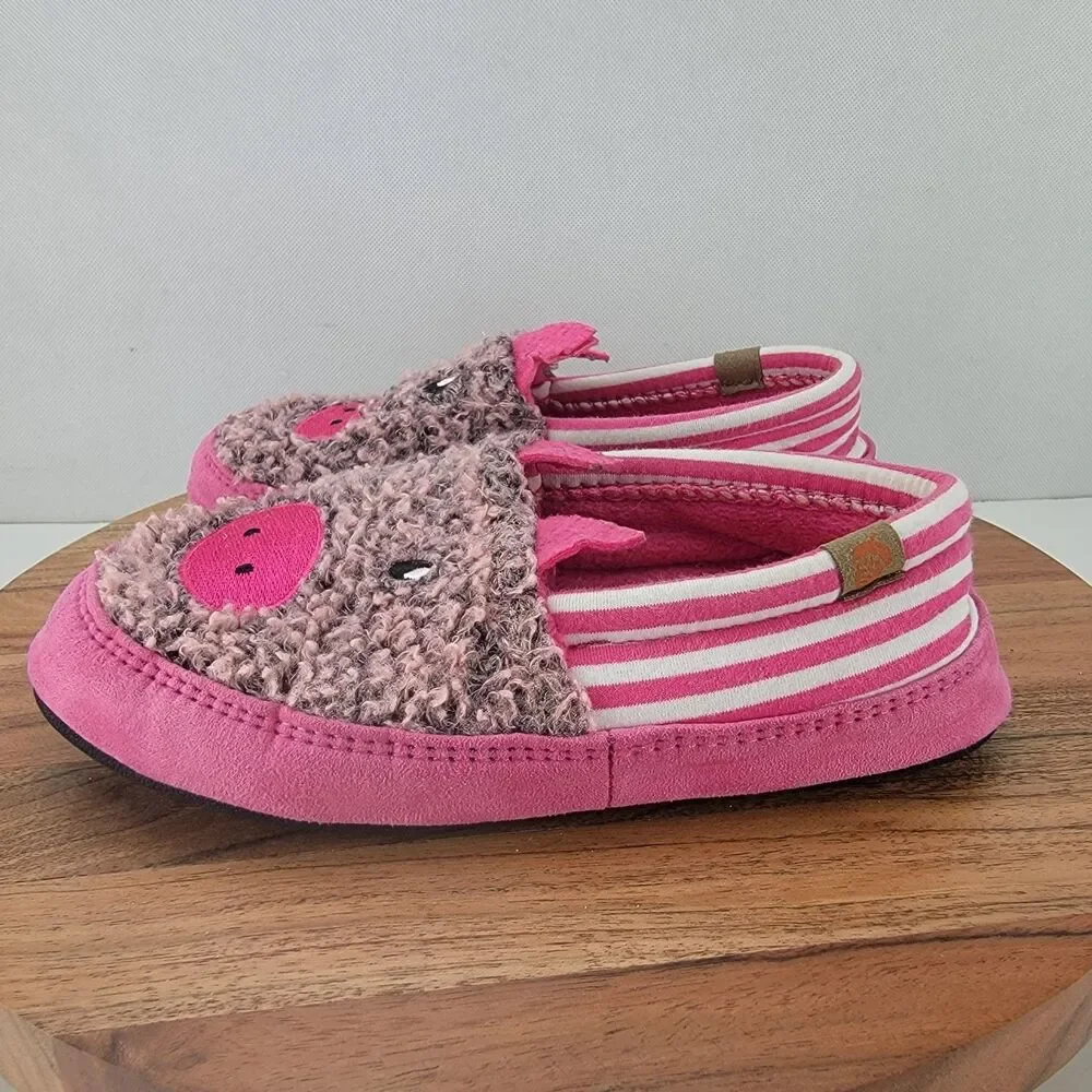 Acorn Kids Girls Size 3-4 Pink Pig Slip On Loafer Faux Fur Slippers